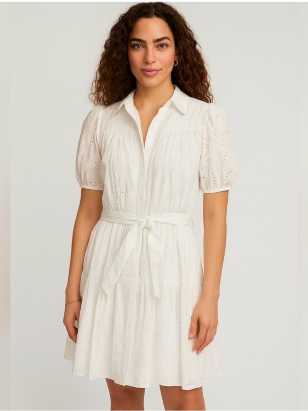 A New Day Eyelet Balloon Elbow Short Sleeve Mini Shirtdress